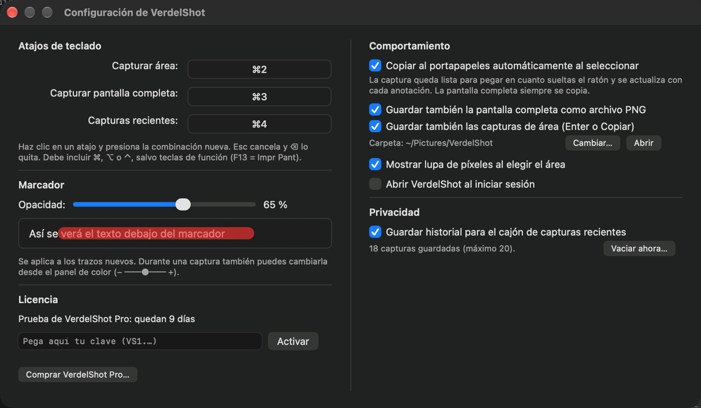 Ventana de Configuración de VerdelShot: atajos de teclado, opacidad del marcador, licencia, comportamiento y privacidad.