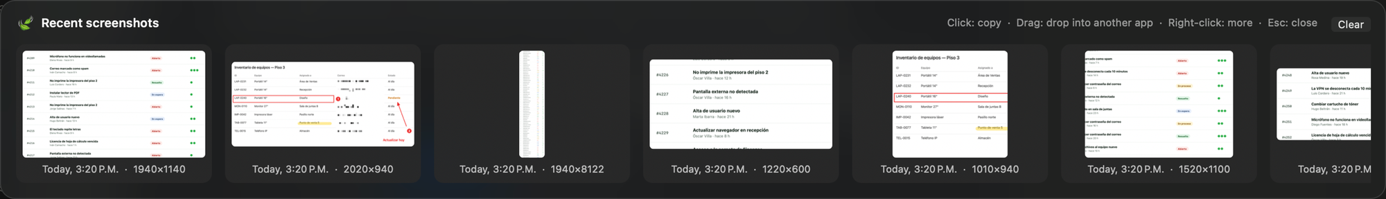 VerdelShot's recent captures drawer with eight sample captures.